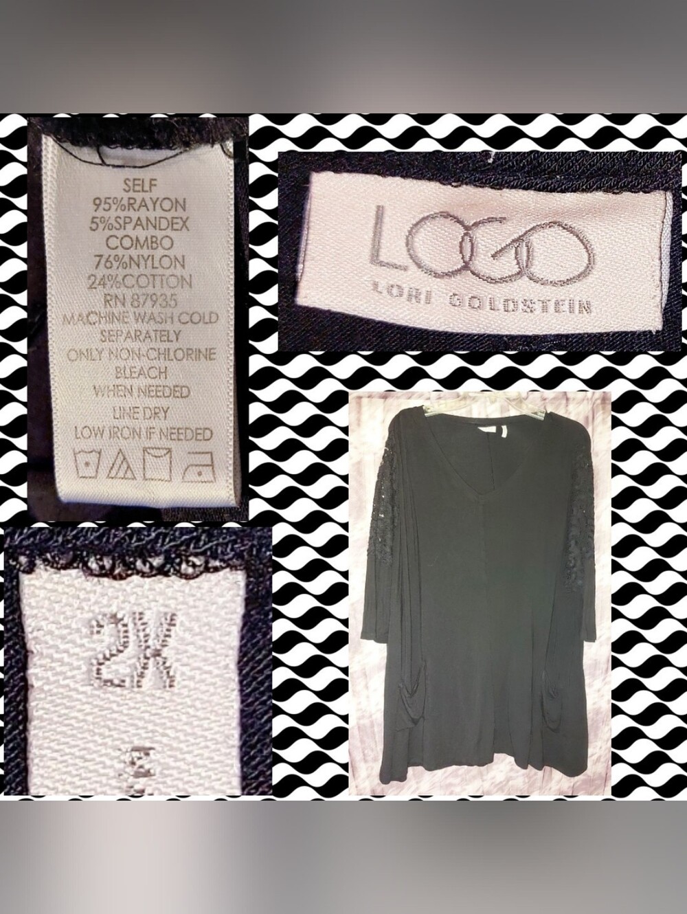LOGO by Lori Goldstein Black Oversized Knit Top w/Crochet Lace & Pockets Sz 2X